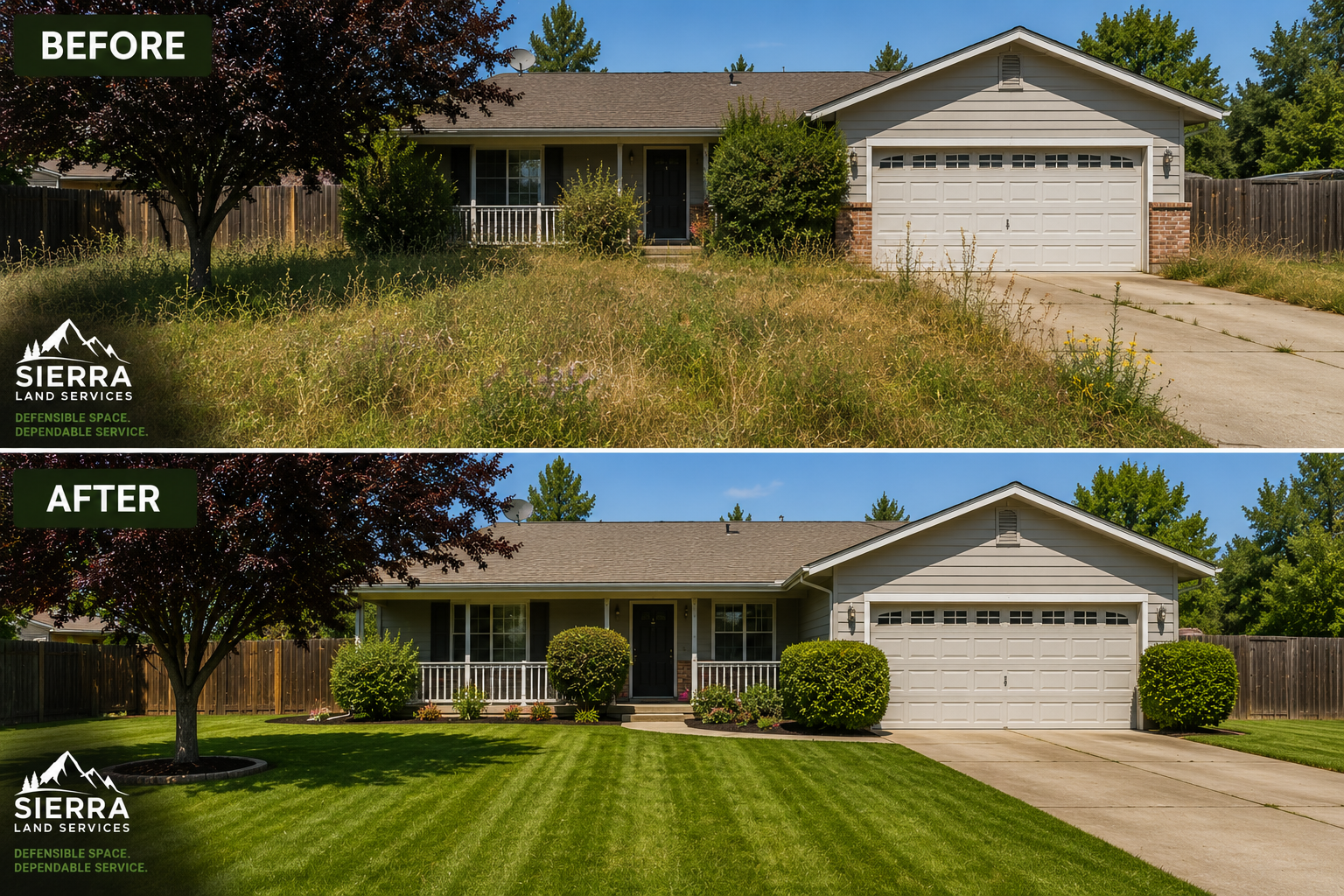 Before and after residential lawn care — weed-choked yard to striped mowed lawn by Sierra Land Services